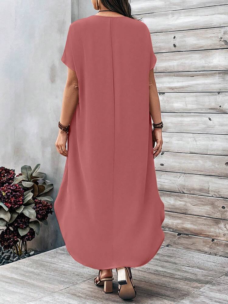 Plus Size Women V-Neck Batwing Short Sleeve Straight Loose Casual Dress For Summer/ Vacation