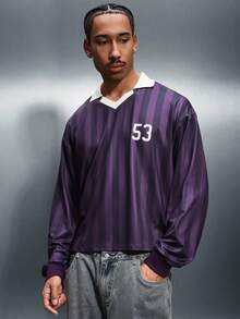 PLAYBOY X SUMWON Boxy Fit Football Long Sleeve Striped T-Shirt With Bunny Logo Print Back Design Casual Crew Neck Top - Purple - View 4