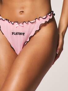 Missguided x Playboy Ruffle Trim Mesh Thong With Contrast Black Binding Detail And Small Bow Accent For Intimate Occasions - Pink - View 4
