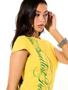 SUMWON WOMEN 亮色短款婴儿T恤，绿色印花，圆领短袖，休闲春夏上衣 - 黃色 - 查看 5