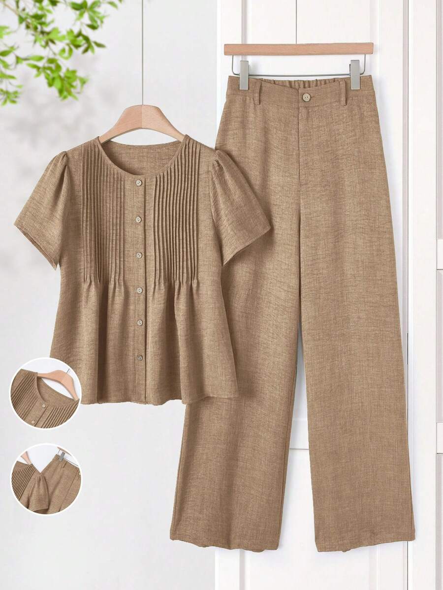 Rusticease 休闲褶裥前扣短袖上衣和阔腿裤套装 - 卡其色 - 查看 1