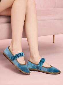 CUCCOO DOLLMOD Giày bệt nữ màu cam sáng, thanh lịch, cổ điển, thoải mái, xếp ly, kiểu Mary Jane bằng nhung. - Màu xanh nước biển / Kaki - Xem 4