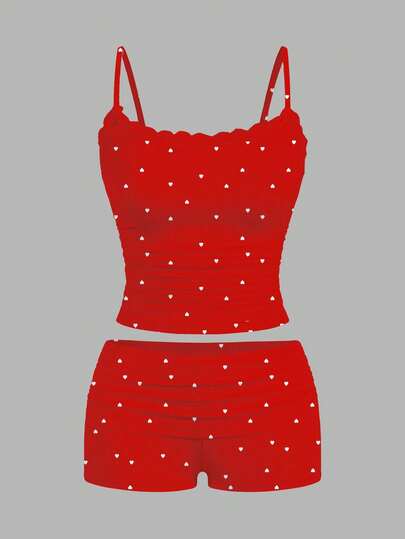 SHEIN Essnce 2pcs/Set Women Lace Camisole & Ruched Shorts Set, Suitable For Summer, Heart Print, Red, Lace Trim, Suitable For Home Wear, Suitable For Valentine's Day