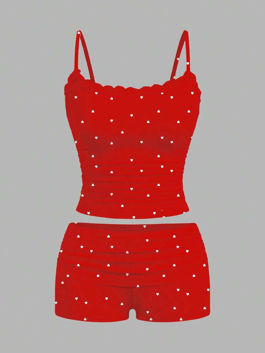 SHEIN Essnce 女士蕾丝吊带背心和褶皱短裤套装（2件套），适合夏季，心形印花，红色，蕾丝边饰，适合居家穿着，也适合情人节。 - 彩色 - 查看 1