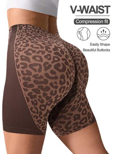 Rhythm Era 1pc Women Plus Size Seamless Sexy Leopard Print & Side Stripe Waist Slimming Running, Fitness, Yoga, Cycling Shorts