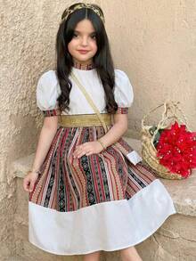 SHEIN Tween Girl Elegant White Summer Holiday Dress, Stand Collar Color Block Print Patchwork Puffy Short Sleeve A-Line Tween Girl Striped Dress For Spring - White - View 5