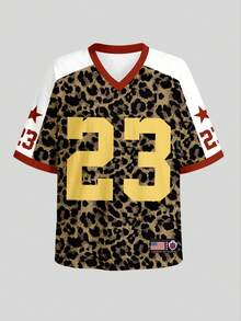 Bordeaux Red & Leopard Print, Retro American College Style Leopard Number 23 Graphic, Loose Fit V-Neck Short Sleeve T-Shirt For Teen Girls, Summer