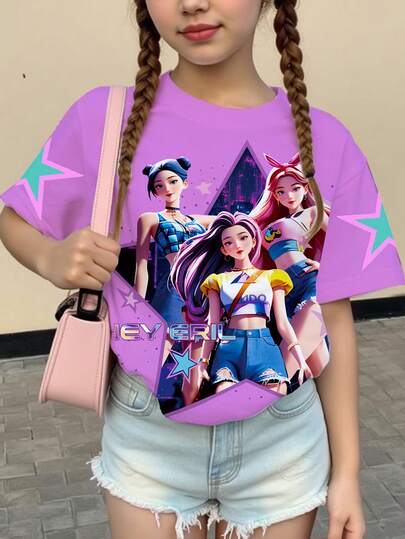 1pc Cute Kpop Girl Print Loose Fit Pink Short Sleeve Top, Suitable For Spring, Summer, Autumn, Winter, Great Gift For Girls On Valentine's Day