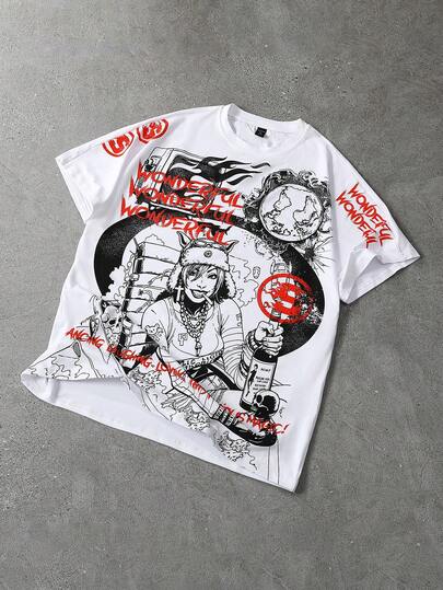 ROMWE MEN Camiseta Casual de Manga Curta com Gola Redonda e Estampa de Letra Cartoon Versátil para Uso Diário