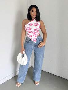 Alexandranx 新款优雅单肩褶皱度假针织印花女士背心 - 彩色 - 查看 1