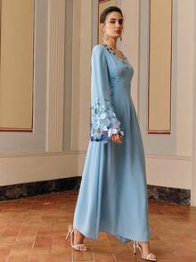 Anewsta Women's V-Neck Flare Sleeve Pearl Embellished Elegant Dress - Blue - View 4