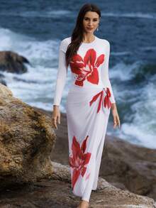 Swim Shayni Áo tắm nữ liền thân tay ngắn in họa tiết và váy bơi hoa văn 3D kiểu dáng thường ngày, lý tưởng cho kỳ nghỉ hè ở bãi biển. - Đỏ và trắng - Xem 2