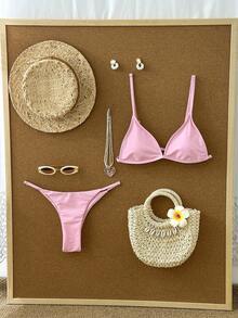 Swim Vcay Women's Solid Color Triangle Cup Low Waist Bikini Swimsuit Set, Summer Beach