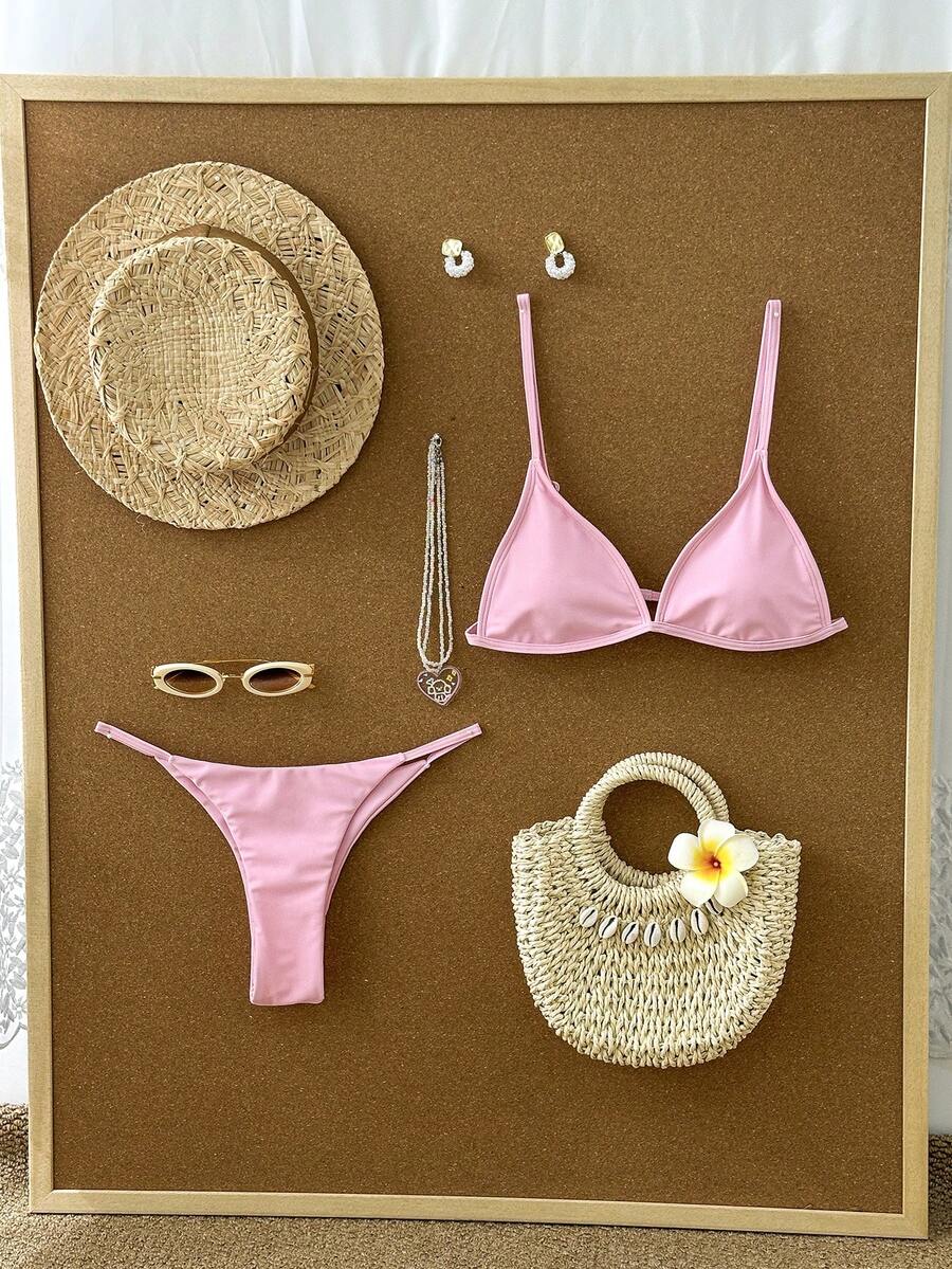 Swim Vcay Women's Solid Color Triangle Cup Low Waist Bikini Swimsuit Set, Summer Beach