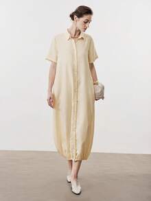 Aalyst 女士优雅法式休闲/通勤/度假/下午茶浪漫高品质棉麻衬衫领褶皱下摆喇叭形宽松长袖连衣裙，春夏款 - 杏色 - 查看 6
