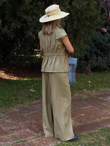 Livesso Women's Collared Sleeveless Waist Cinched Outdoor Top And Casual Pants 2 Pieces Set - Khaki - View 2