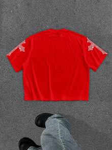 Manfinity Roghcode 男士字母和眼睛印花短袖露脐T恤 - 紅色 - 查看 2