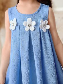 Girlhood Core Girls Blue Bow Decor Pleated Detail Fashion Minimalist Versatile Casual Outfit - Blue - View 4
