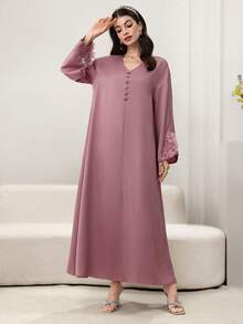 Al Najma 女士春夏粉色梭织真丝醋酸纤维缎面纽扣前开襟长袖蝴蝶花卉优雅阿拉伯连衣裙 - 粉色 - 查看 4