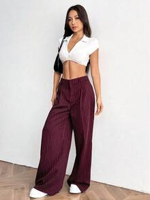 SHEIN EZwear 大码酒红色条纹休闲裤 - 酒紅色 - 查看 5