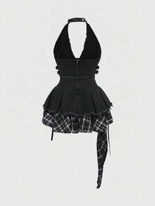 ROMWE Grunge Punk 不对称流苏拼接格子牛仔露背连衣裙 - 彩色 - 查看 2