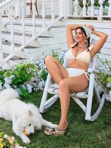 Swim Mod Große Größen Damen Sommer Strand karierter Patchwork Rüschen Sexy Bikini Bademode - Gelb - Übersicht 6