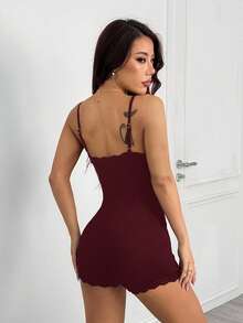 SHEIN PETITE Women's Solid Color Lace Panel Spaghetti Strap Simple Slim Jumpsuit - Red Violet - View 2