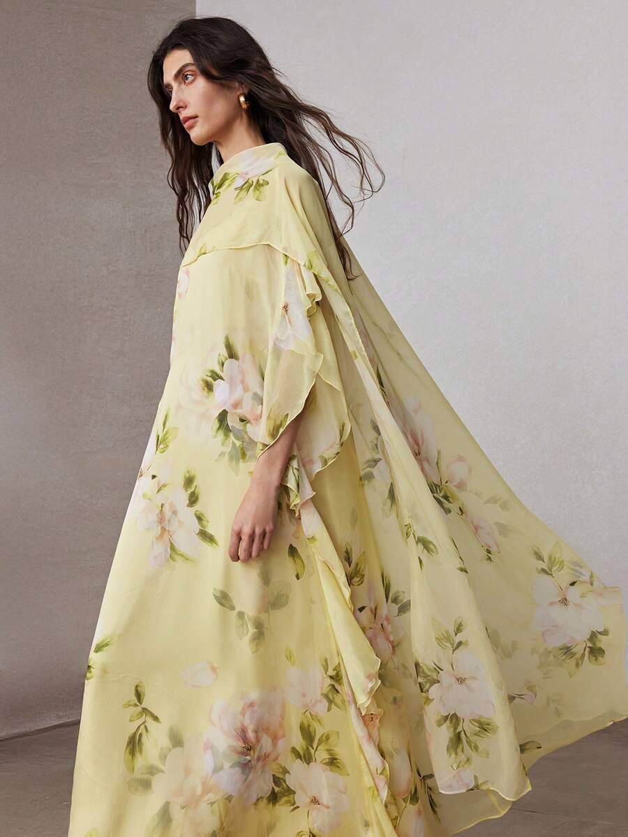 ZEYLAH 飘逸长款腰带浪漫宽松印花连衣裙，春季 - 淡黃色 - 查看 1