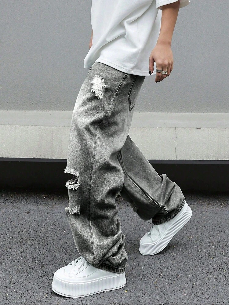 Pantalones de algodón de corte holgado para hombre con efecto desgastado y envejecido. - Gris - Añade 4