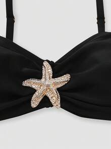 SHEIN Swim Vcay 2026新款夏季沙滩度假百合印花泳装三件套：浪漫优雅深V裹身连衣裙+比基尼套装，大码泳装 - 黑色 - 查看 3