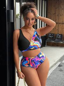 Slaydiva Women's Summer Beach Marble Print Sexy Bikini Swimsuit Set - Multicolor - View 3