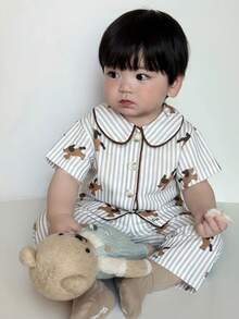 DAZY 2 piezas Conjunto de pijama para niños pequeños con camisa de manga larga con cuello vuelto a rayas y pantalones de ajuste holgado - Gris - Ver 2