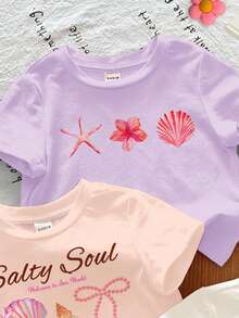 3件套女婴休闲热带花卉、贝壳、海星印花圆领短袖T恤，白色、米粉色、浅紫色，适合春夏穿着 - 彩色 - 查看 4