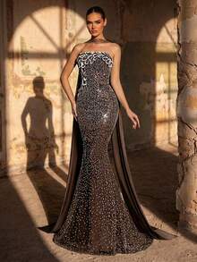 Aureia 女士优雅奢华珍珠亮片美人鱼尾设计吊带长裙，适合婚礼、派对、度假、晚宴、正式晚装（重工装饰） - 咖啡棕 - 查看 7