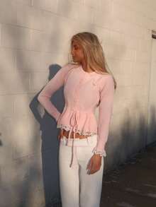 Sydney Algeri Women's Cinched Waist Contrast Lace Knitted Cardigan - Pink - View 4