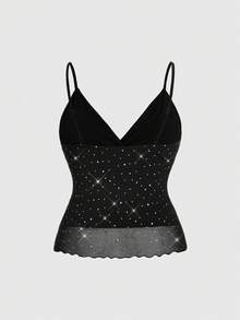 ROMWE Avant Spring/Summer Plus Size Sexy Y2K Retro Rhinestone Shiny Fabric Camisole Valentine's Day - Black - View 2