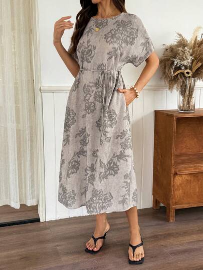 Vivie Lora Women's Floral Print Round Neck Batwing Sleeve Midi Dress, Vacation