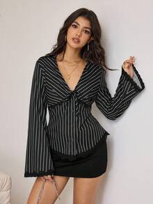 Black Vertical Stripe Contrast Lace V-Neck Tie Waist Sexy Blouse For Date - Black - View 5