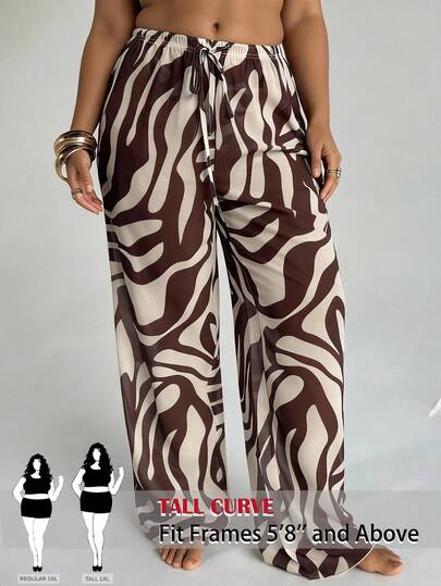 SHEIN Tall CURVE Plus Size Women Zebra Print Tie Waist Wide Leg Loose Pants, Spring Women, Carnival, Vacations Women, Casual For Women, Graphic Pants Women, Wide-Leg Pants, Geometric Print, Comfortable And Relaxing