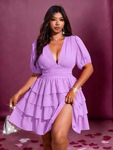 Viva Relle 大码女士优雅纯色V领泡泡袖荷叶边下摆休闲连衣裙，适合度假、海滩、约会、派对、音乐节、春夏穿着，百搭设计 - 紫色 - 查看 6