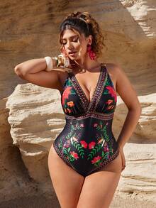 Swim Oasis Plus Size 2pcs Women Floral Print Crew Neck One-Piece Swimsuit With Matching Printed Skirt, High-End Swimwear Set Suitable For Summer Beach And Vacation - Multicolor - View 4