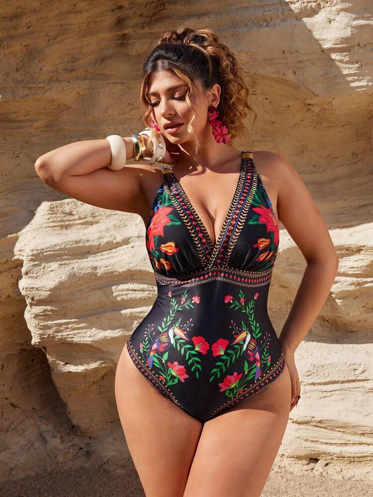 Swim Oasis プラスサイズ 花柄プリント クルーネック ワンピース水着 2