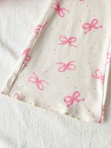 2 Stücke/Set Mädchen elegantes, süßes rosa Patchwork-Set mit Rüschenkragen, Schleifendekor, Kurzarmoberteil und apricotfarbenem Schmetterlingsdruck, weite Hosenbeine, bequeme Homewear - Pink - Übersicht 7