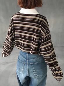 FRIFUL Áo thun nữ cổ polo phối màu tương phản dáng rộng kẻ sọc - Nhiều màu - Xem 6