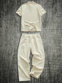 HIMLAND Men's Printed Short Sleeve Polo Shirt And Drawstring Waist Pocket Wide Leg Pants Casual Outfit - Apricot - View 2