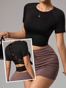 Dewbera 女士纯色圆领短款休闲百搭日常户外运动短袖T恤 - 黑色 - 查看 1