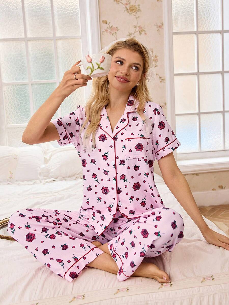 SHEIN 2 piezas Conjunto de pijama de mujer con estampado floral y cuello de solapa - Rosa - Ver 1