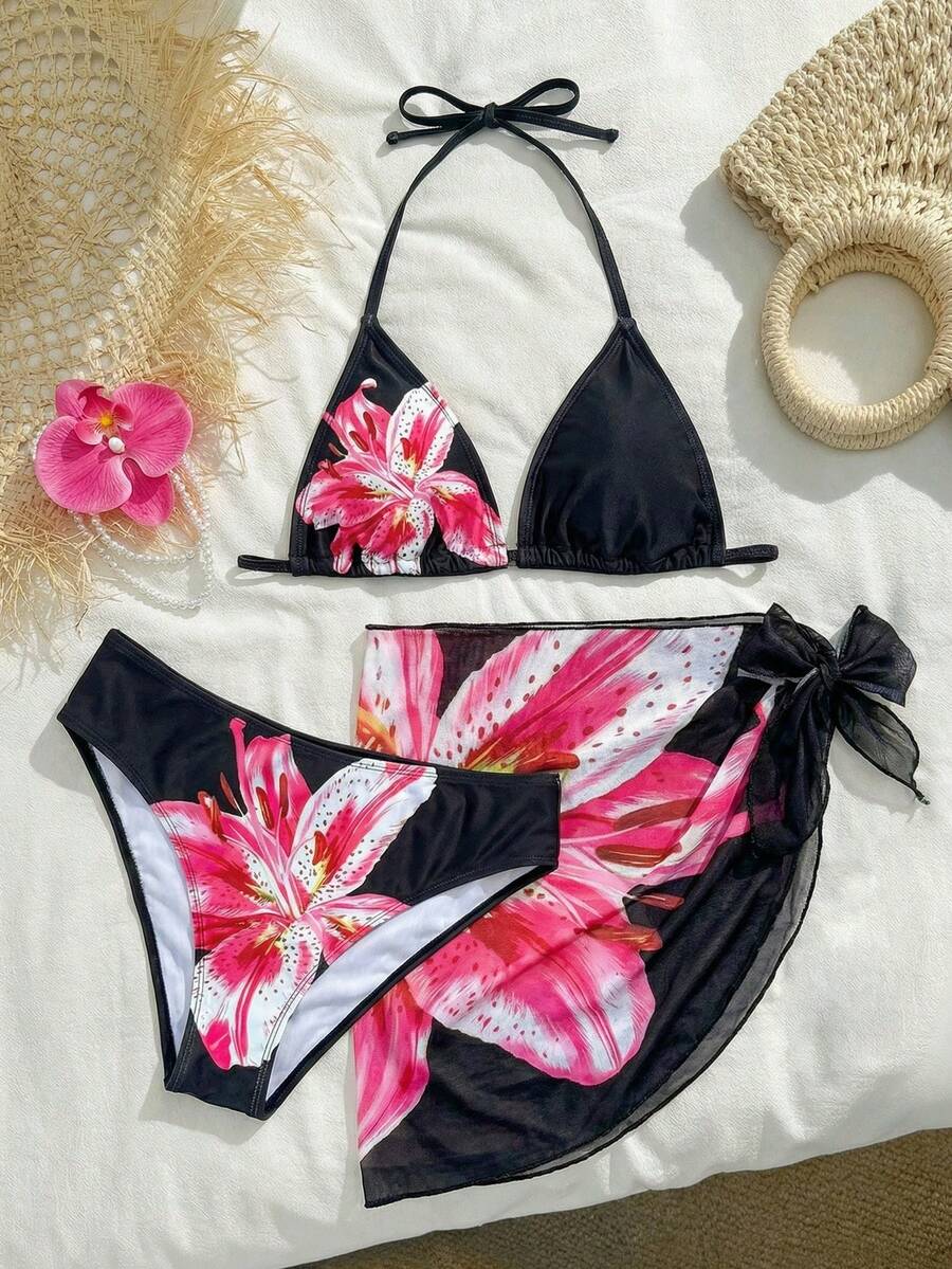 SHEIN Teen Girls' Floral Print Bikini 3 PiecesSwimsuit Set, Casual Beach Vacation - Black - View 1