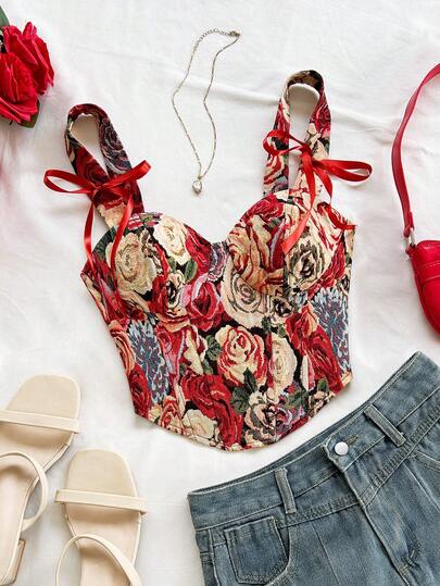 Soleia Women's Floral Print Bow Decor Fashionable Versatile Top, Suitable For Dates And Parties