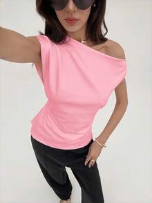 Aloruh New Minimalist Asymmetric-Shoulder Short Sleeve Pullover Cinched Waist Ruched Solid White T-Shirt - Pink - View 6